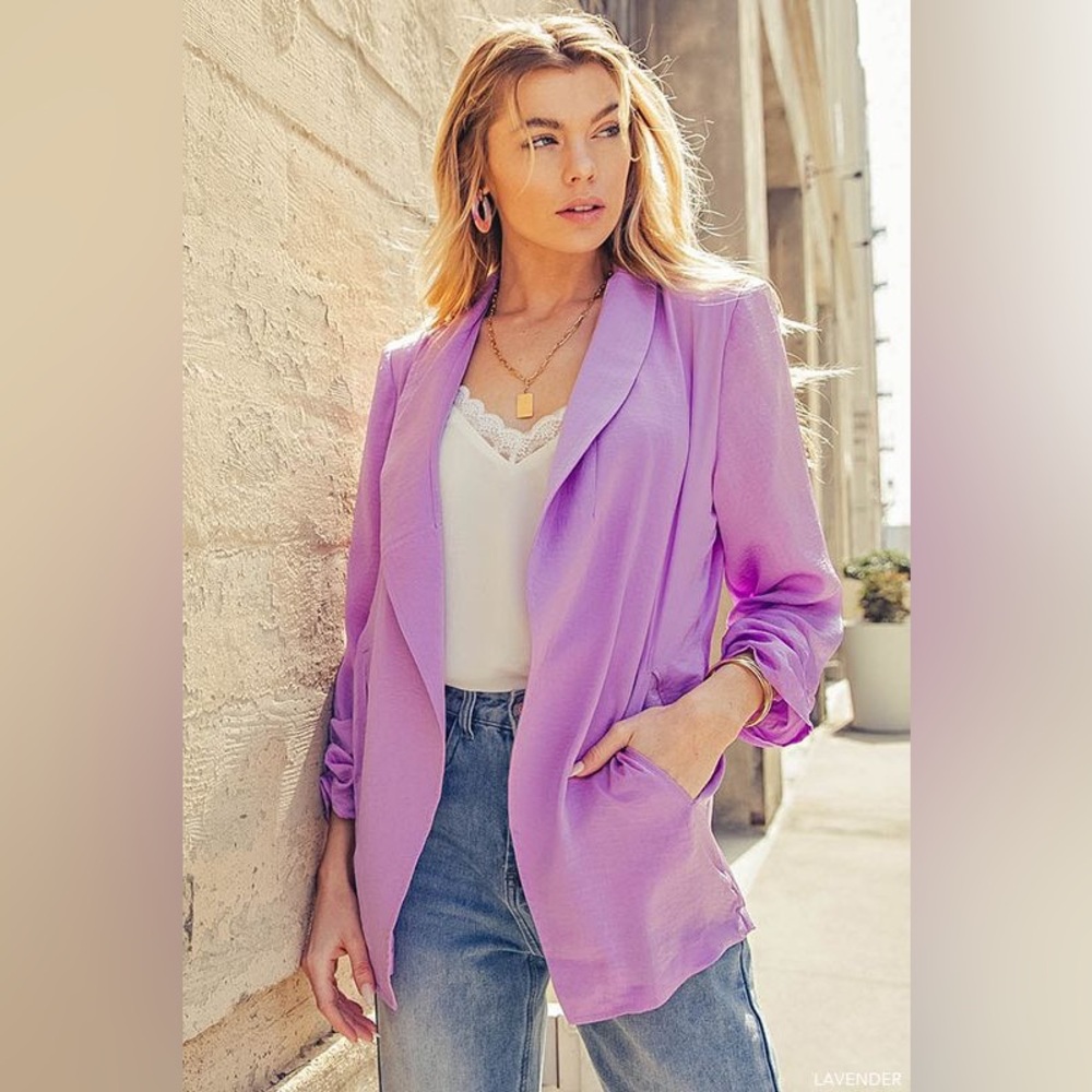 KORI Lavender Silky Open Blazer with Pockets